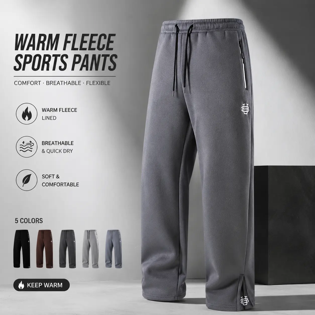 Men’s fleece-lined warm sweatpants for autumn/winter, loose straight-leg design with side slits, elastic waistband with drawstring, athletic long pants
