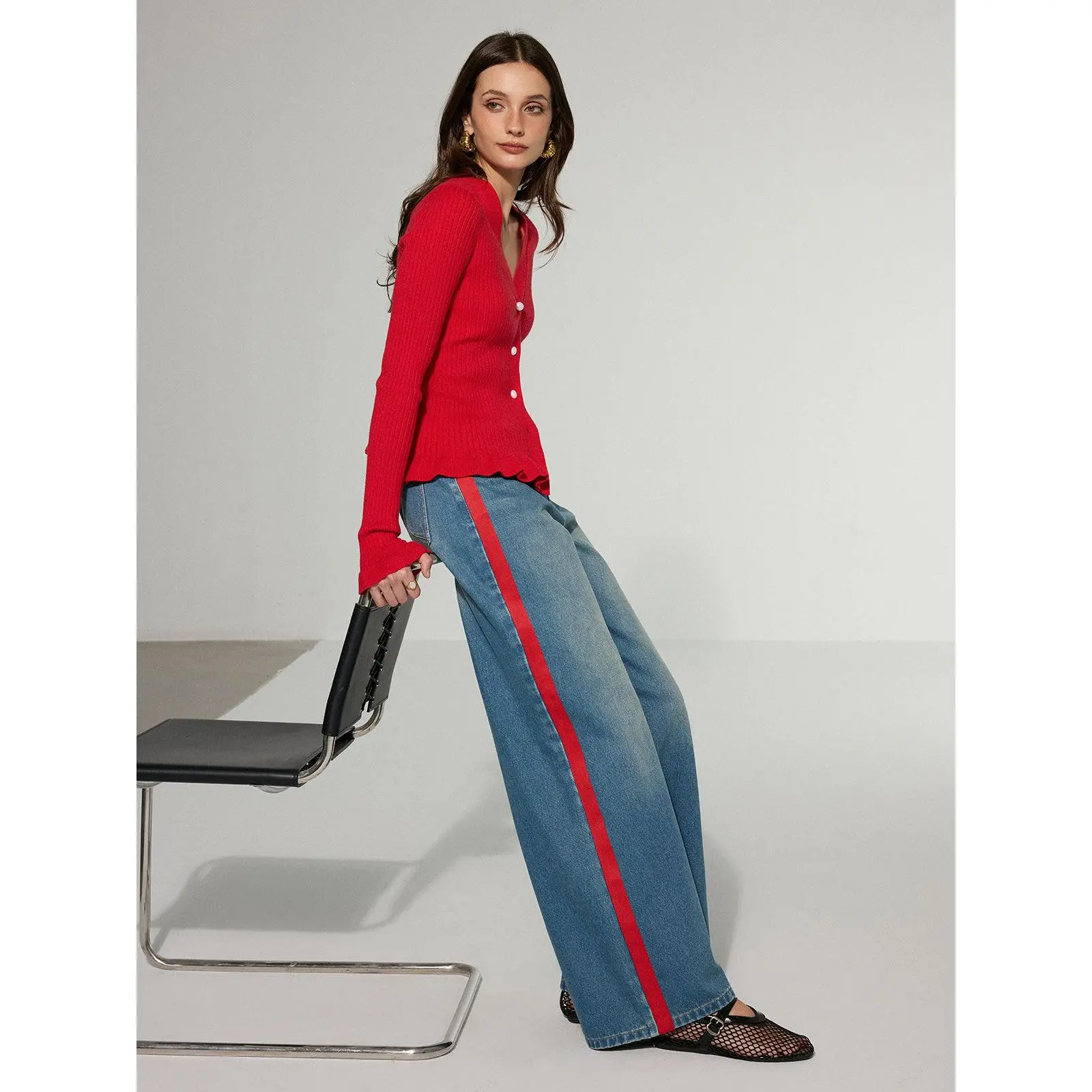 Women's Contrast Side-Striped Wide-Leg Denim Pants, Streetwear Bottom Jeans