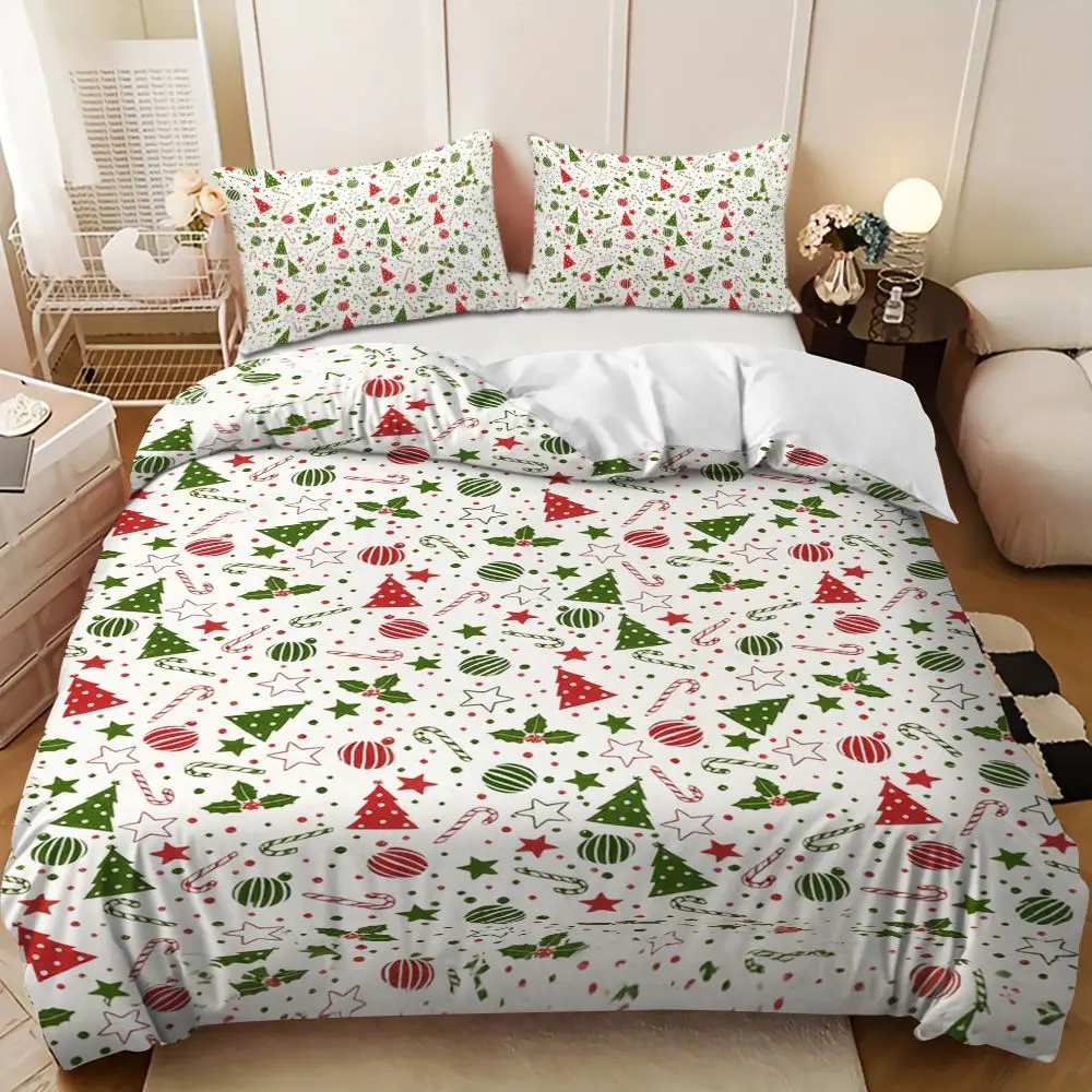 Bedding 3-piece set - 3PCS,Merry Christmas red and green Christmas tree and white polka dot design down comforter set (1 comforter cover + 2 pillowcases, filling not included).soft and comfortable, suitable for family bedrooms.