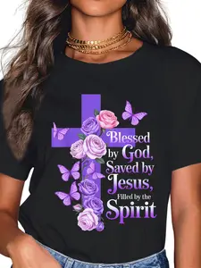100% Cotton Unisex Blessed by God Saved by Jesus Butterfly Cross Christian T-Shirt