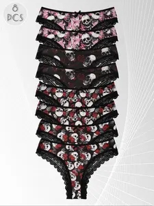 Women's Gothic Skull Rose Print Underwear Set, High Elasticity Seamless Breathable Comfortable, Perfect for Halloween Gift, Panties