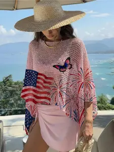 Women's Independence Day Flag Fireworks Butterfly Print One-Shoulder Long Sleeve Knit Mesh Top, Casual Elegant Vacation Style, Comfortable Breathable Summer Fall Fashion