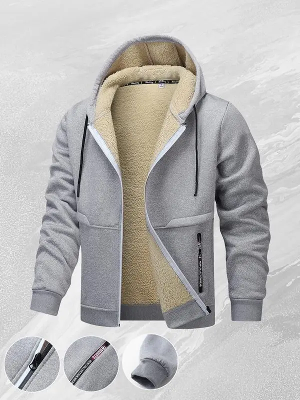 Men's Classic Navy Blue Hooded Jacket, Fleece-Lined Windproof Outerwear with Full Zip and Adjustable Hood, Jeans, Hooded Coat