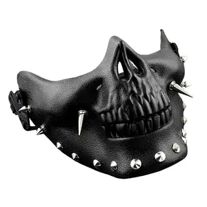 Steam Punk Style Half Skull Cool Mask with Rivets, Glossy Finish, Perfect for Cosplay Halloween Motorcycle Events, Adult Costume Accessory