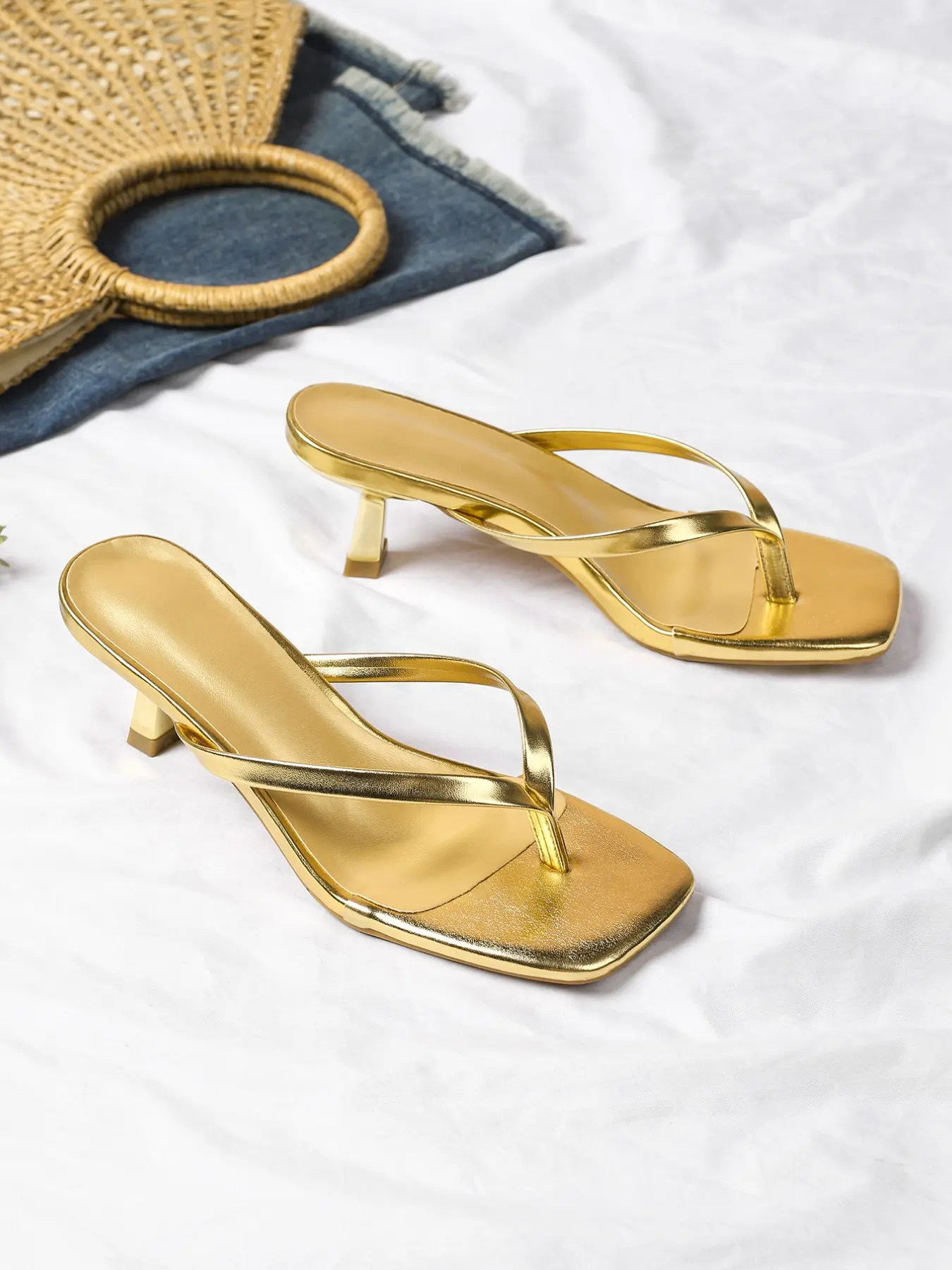 Women's Square Toe Elevated Wedge Heel Sandals, golden/peach /almond, Summer Casual Fashion Shoes, fashionable heeled sandals, Comfortable Slip-On Design Footwear