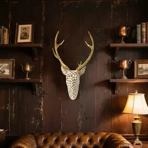Modern Mosaic Deer Head Hanging Wall Art, Resin Sculpture with & Checkered Pattern, Antlers, Ideal for Living Room, Office, Cabin Décor, Western Wall Art