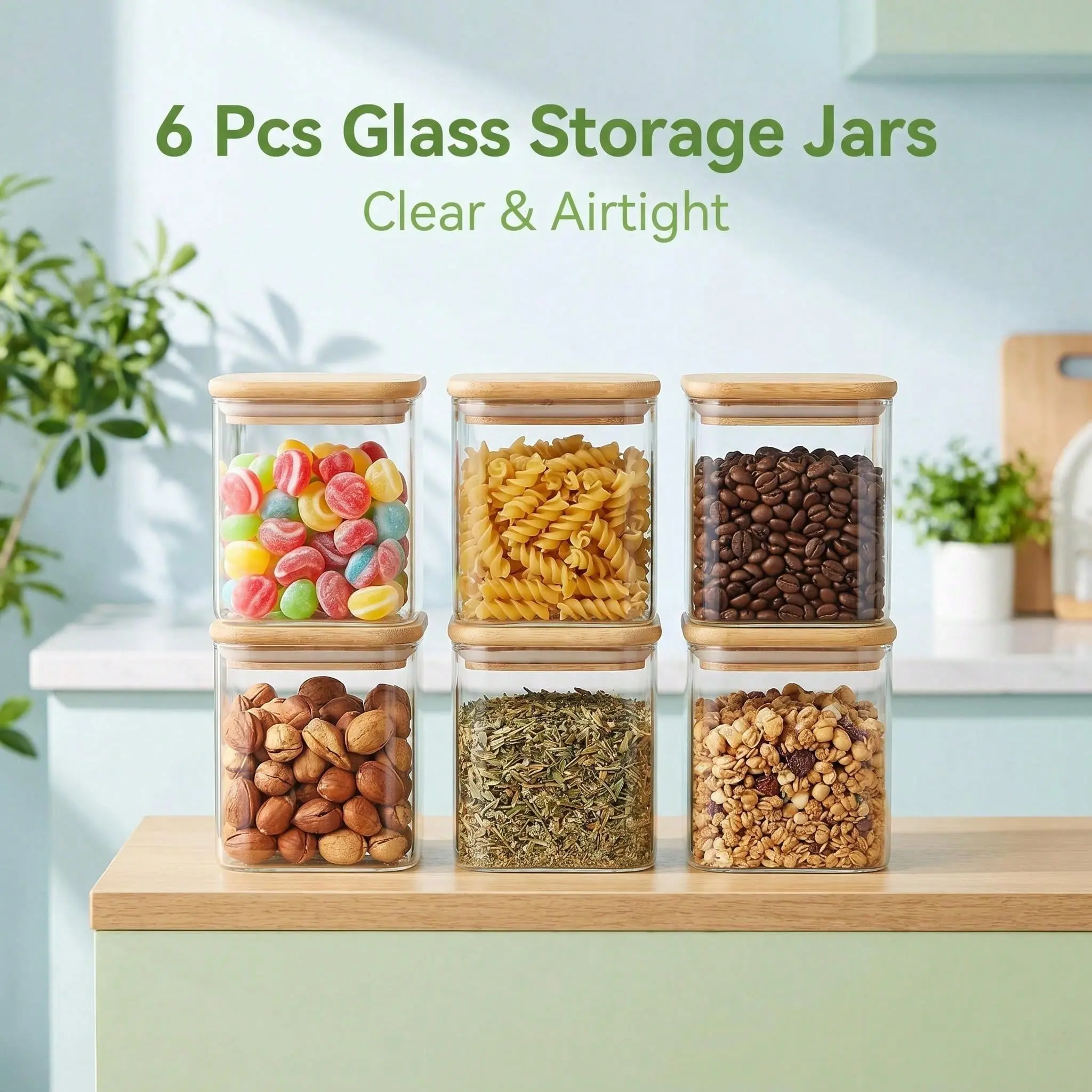 6-piece set of glass storage jars, 500ml square sealed storage jars with lids, one can, suitable for food storage, kitchen separation, flour, grain, sugar, tea, coffee beans, square, good gift!