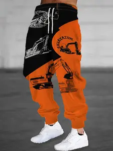 Men's Orange Excavator Print Sweatpants, with Drawstring and Pockets, Casual Stretch Polyester Sweatpants.