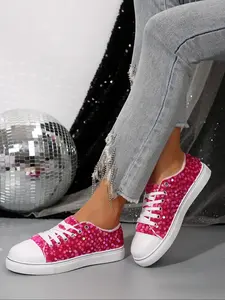Fashionable Sequin Decor Lace Up Low Top Sneakers, Casual Comfortable Sports Shoes for Daily Wear, Female All-match Round Toe Shoes for Daily Wear, Glitter Design Sneakers