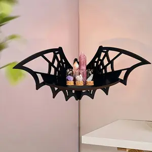 Bat Wall Shelf, Wooden Spider Bat Corner Rack, Halloween Decorative Wall Mount, Floating Display Stand, Art Animal Theme Room Accent