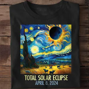 Total Solar Eclipse Van Gogh April 8 2024 Unisex shirt Cotton Menswear Top Fuzzy