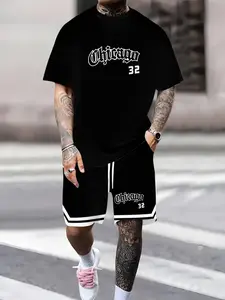 Men's Summer Trend New Chicago 32 Sports Two-Piece Set, Athletic Fashion Activewear, Round Neck Short Sleeve T-Shirt & Drawstring Shorts, Casual Fit