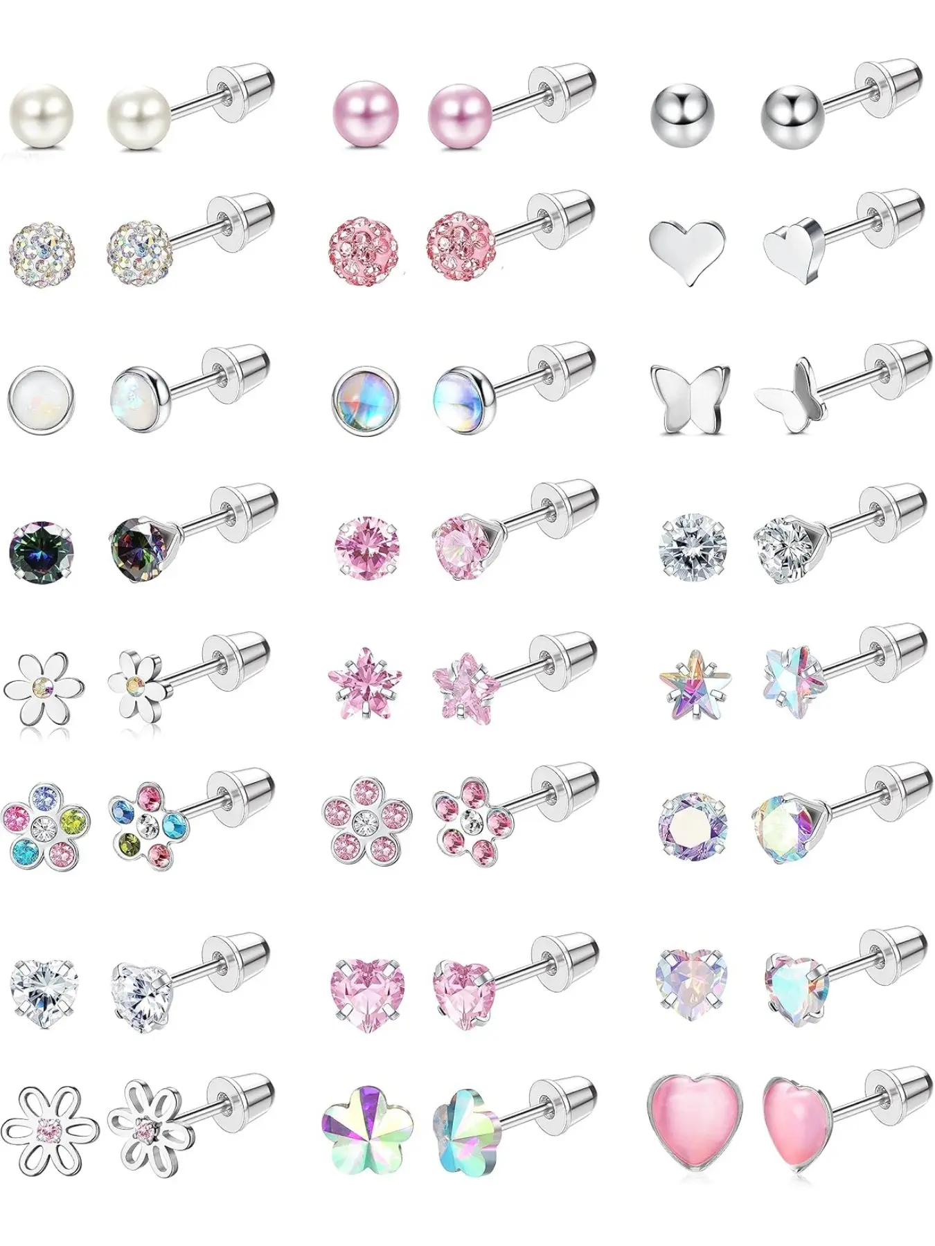 24Pairs Hypoallergenic Earrings for Girls Women -   Screw Back Earring Cute Kids Baby Toddler Earrings 4mm Tiny Screwback Flat Back Stud Earring Set Age: Over 3 Years Old Studs Earrings