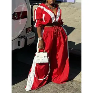 2026 Women's Colorblock Zip Up Crop Jacket & Drawstring Waist Pants Two-piece Set, Casual Fashion Drop Shoulder Pocket Long Sleeve Top and Trousers for Daily Outdoor Wear