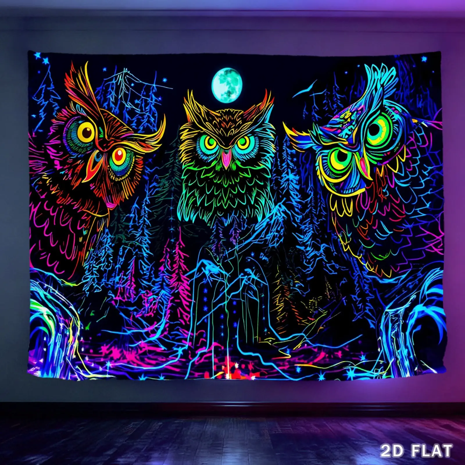 Large 2D Flat UV Fabric Luminous Owl & Moon Forest Wall Tapestry with Free Installation Package - Home Decor, Bedroom Decor for Indoor Room Inspo, Indoors