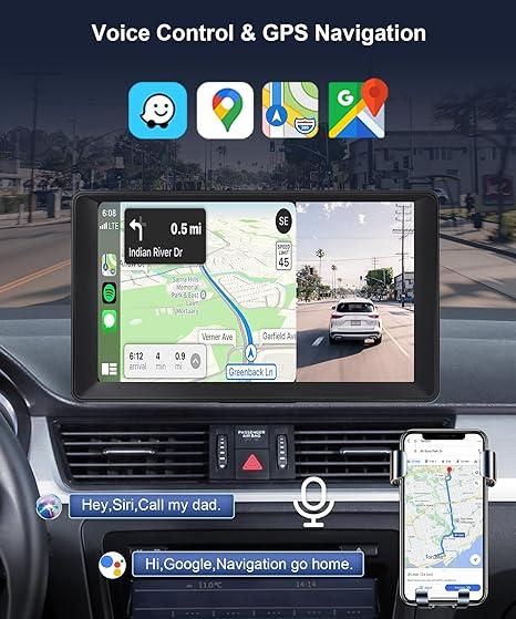 Podofo Portable Wireless Apple Carplay Screen with HD Front & Rear Backup Camera 9" Wireless Android Auto HD Touch Screen ADAS GPS Siri Airplay Android MirrorLink 64G TF Card,Car Play Screen for Car