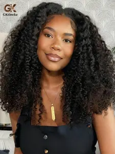 Gktineke New Afro Kinky Curly V Part Wig Synthetic Texture with Unique Bouncy Coily 16 Inch Soft Curly Full Hair V Part Wigs Synthetic for Black Women No Leave out Clip in Half Wig