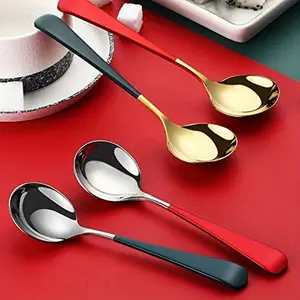 5pcs Stainless Steel Spoon Creative Korean Style Home Western Food Spoon, Kitchenware, Utensils, Modern Thick Handle, Dinner Metal Spoon, for Soup, Cereal, Dessert, Milk, Tea, Coffee, Spoons Set