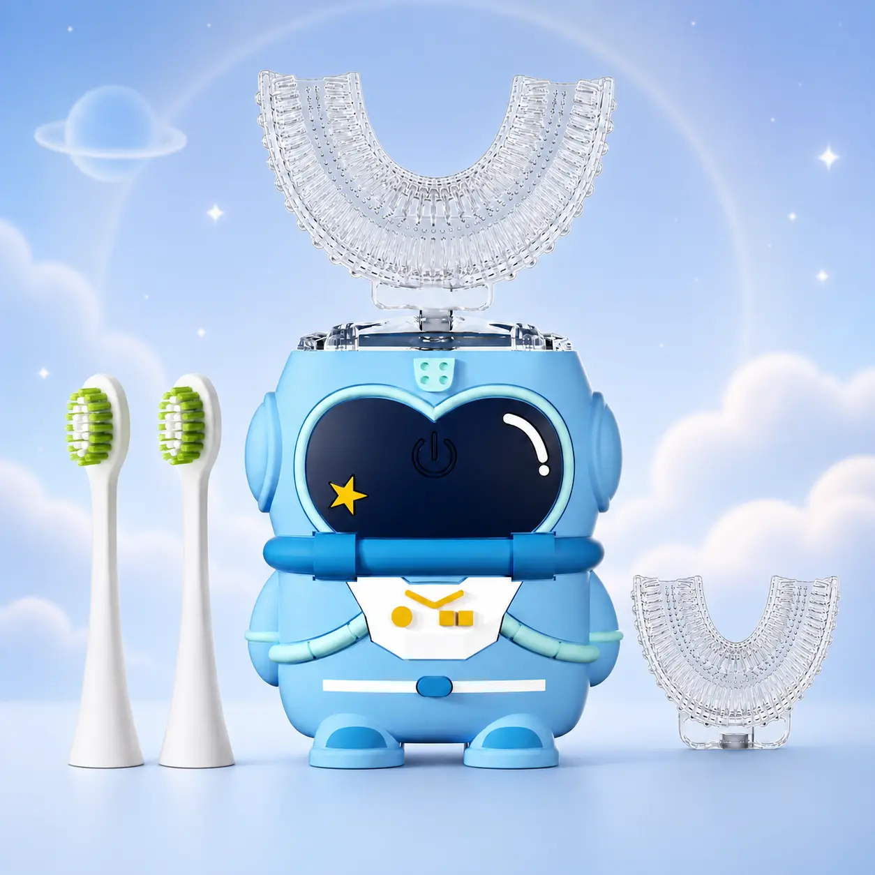 Kids U-Shaped Electric Toothbrush Set, Silicone Oral Cleansing Brush with 2 U-Shape Heads, 2 Regular Brush Heads, Cute Space Robot Design