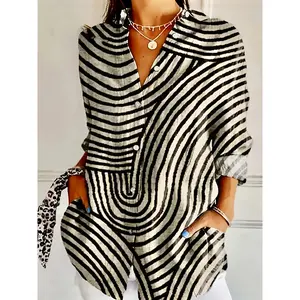 Chic Printed Button-Up Shirt for Women - Casual Long Sleeve, Polyester Blend, Machine Washable - Perfect for Spring & Fall