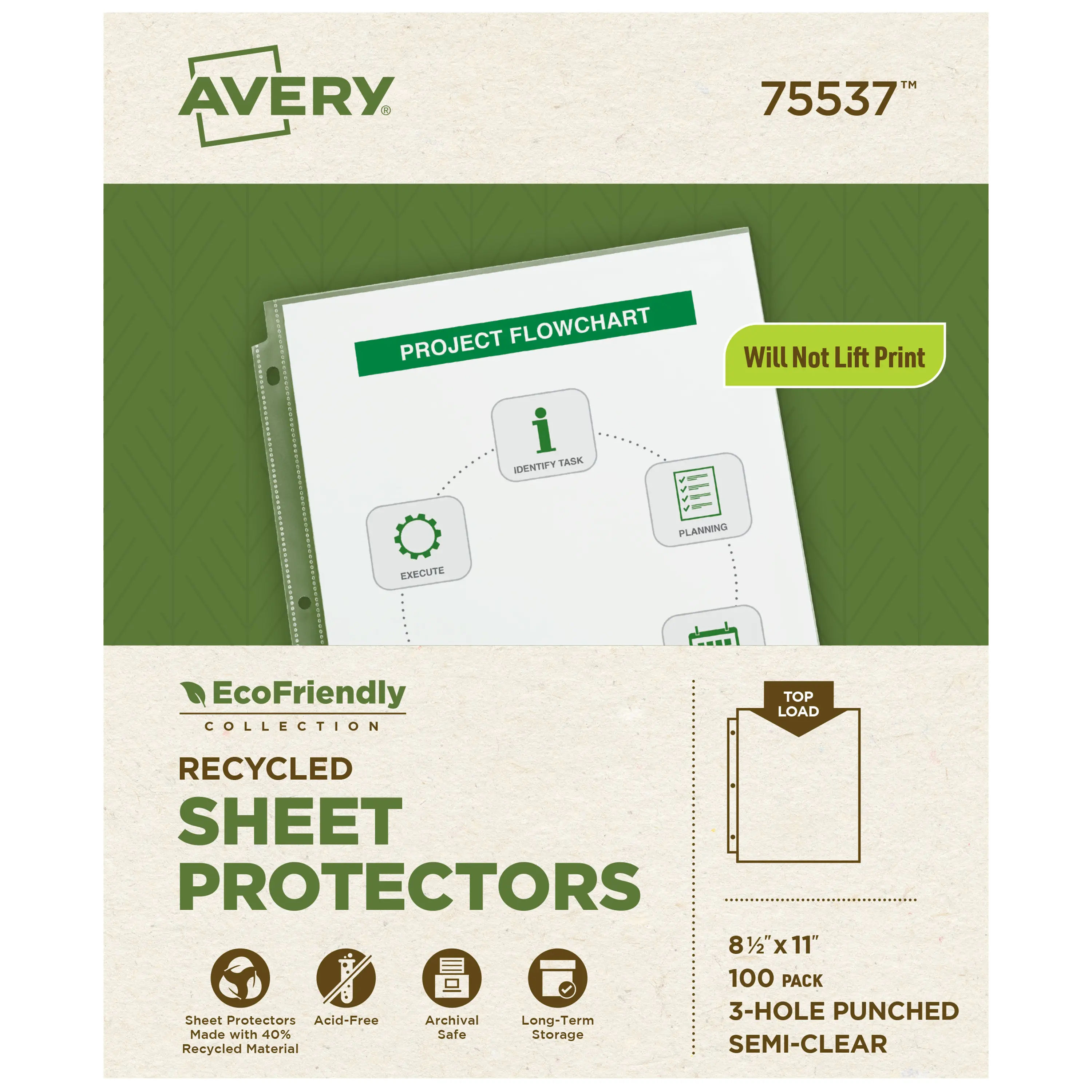 Avery Environmentally Conscious Recycled Economy Sheet Protectors - Semi-Clear, Top-Load, Office Storage, 100 Document Protectors (75537), Document Safe