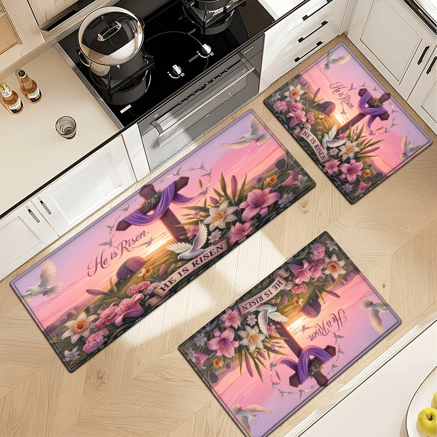 1pcs Soft Flannel Non-Slip Washable Mat Suitable, Bathroom, Laundry - Easter Cross & Dove Religious, Water-Absorbing Floor Mat, Machine Washable