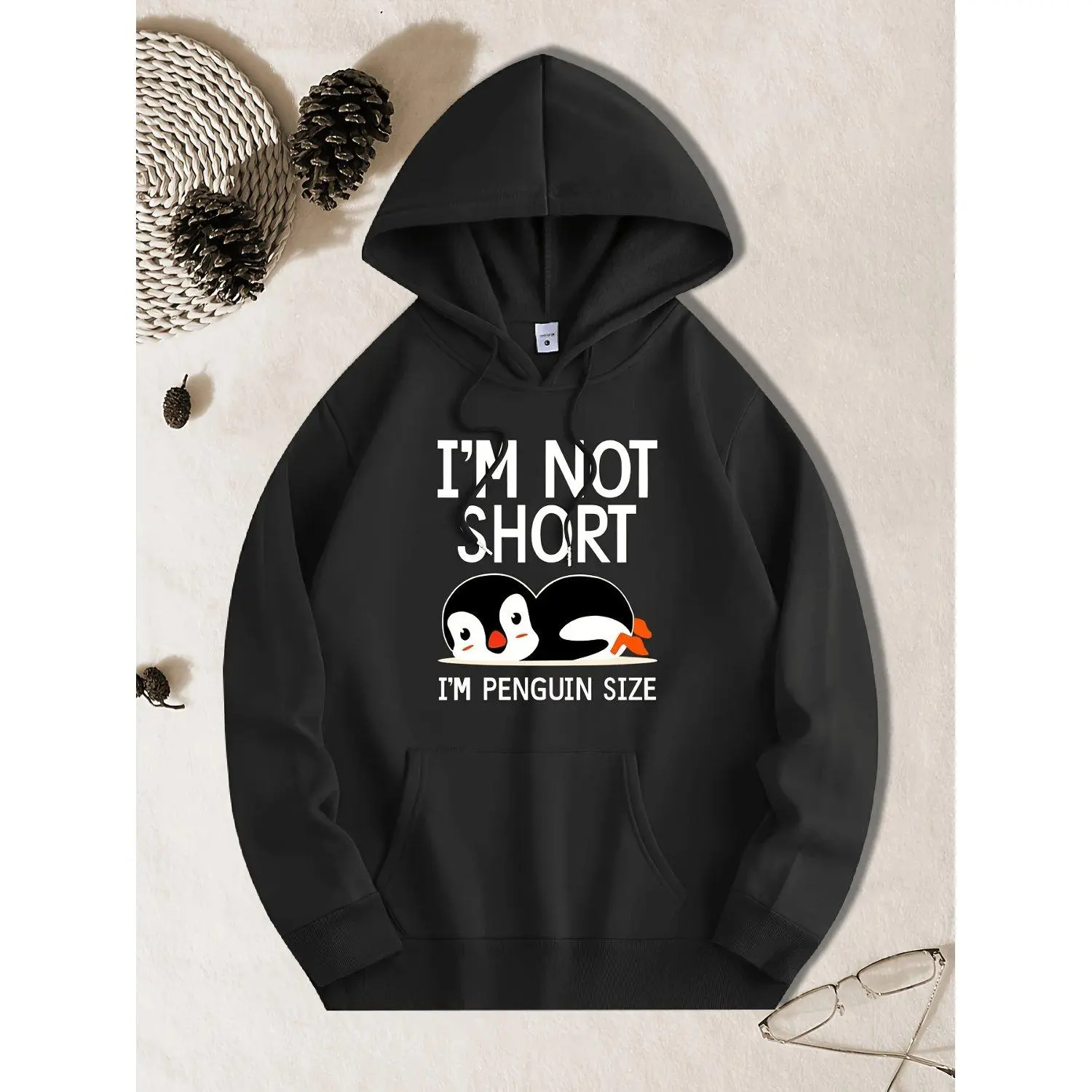 IM NOT SHORT IM PENGUIN SIZE Novelty Penguin Graphic Hoodie Sweatshirt Playful Casual Pullover Cozy Printed Streetwear Vintage Inspired Comfort Fit