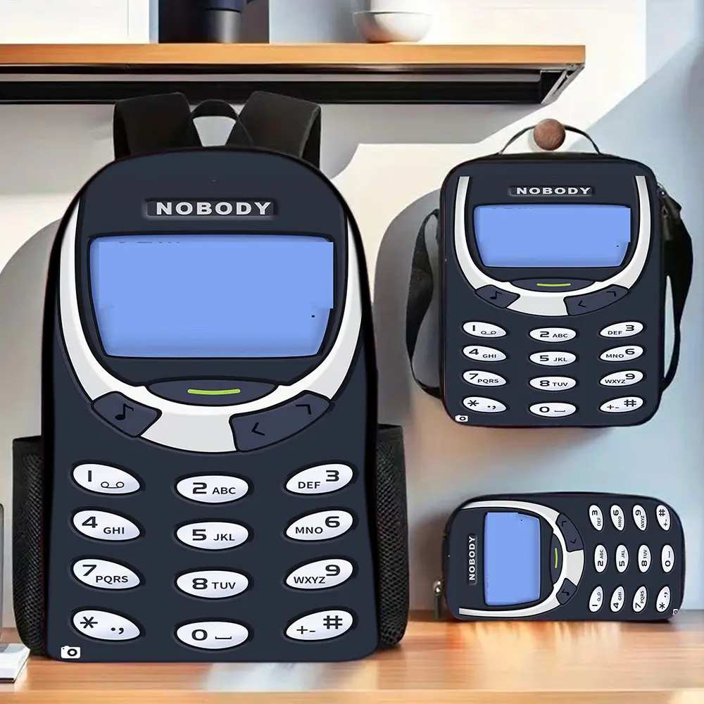 Retro Vintage Cell Phone Print 3PCS Backpack Set, Funny Old Mobile Phone Design School Backpack with Lunch Box & Pencil Case, Lightweight Durable Daypack for Teens Adults, Ideal Nostalgic 90s Style School Supplies Gift