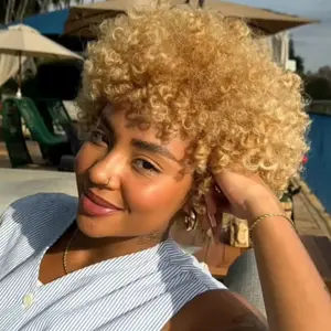 Afro Curly Human Hair Short Wigs for Women, Blonde Highlights Full and Fluffy Machine Made Wig Human Hair Pixie Cut Natural Looking Glueless Hair Replacement Wig