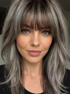 Silver Medium Length Wig, 18 Inch Synthetic Fiber Hairpiece for Women, Straight with Bangs Natural Look, Natural Looking Wigs, All Season Wear