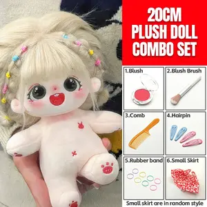 20cm Plush Cotton Doll DIY Set - Complete 7-Piece Set with Bare Doll, Blush Powder, Blush Brush, Comb, 2 Pairs Hair Clips,  Hair Ties & Cute Floral Dress - Kawaii Dress-Up Toy Gift for Girls, DIY Craft Enthusiasts & Doll Collectors