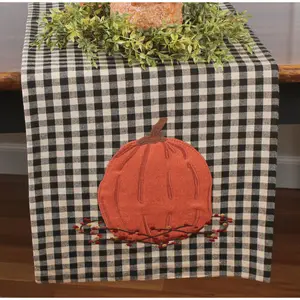 Fall Pumpkin & Bittersweet Table Runner - Black and Gray Checkered Design with Pumpkin Patch, Ideal for Fall Seasonal Decor