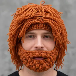 Punk Style Knitted Wig Beard Beanie Handmade Warm Knit Hat with Funny Character Design for Winter Casual Wear Cozy Wool Blend Yarn Integrated Stylized Hair