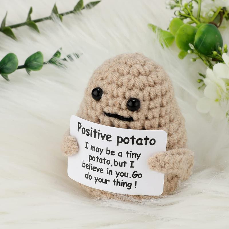 Funny Knitted Wool Potato Toy with Positive Card - Creative Cute Crochet Doll Cheer Up Gift for Friends, Parties, Christmas Decoration and Encouragement