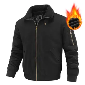 Men's Black Sherpa Collar Fleece-Lined Bomber Jacket, Warm Winter Tactical Workwear Coat with Multiple Pockets