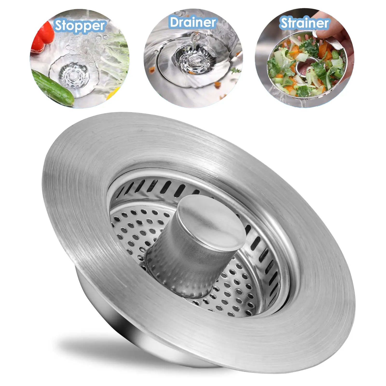 Woosie.3-in-1 Stainless Steel Kitchen Sink Drain Strainer Plug, Deodorizing Anti-Clog Drain Basket, Fits US Standard 3-1/2 Inch Sink Drains