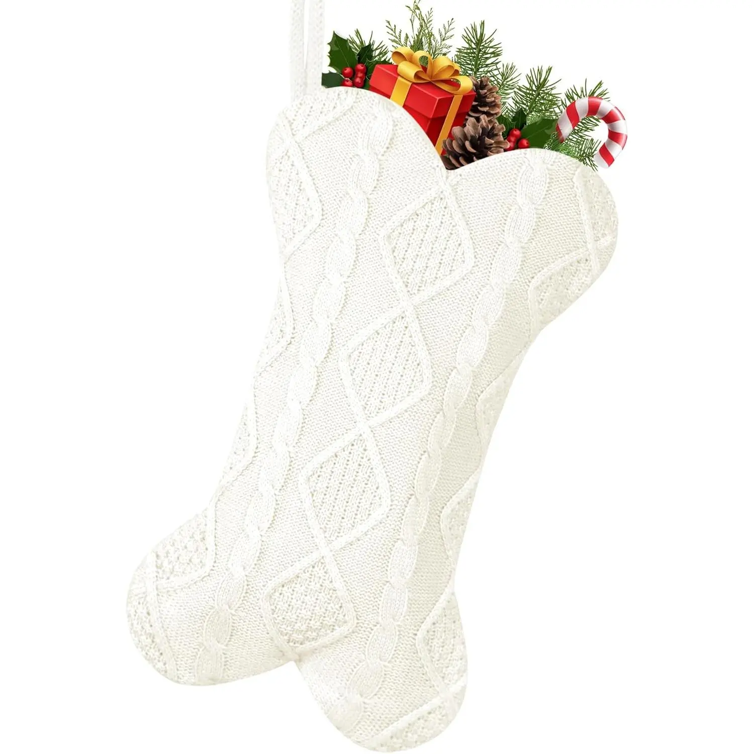 Christmas Stocking, 18 Inch Large Double Side Knitted Christmas Stocking for Dogs,  Shaped Hanging  Stocking for Dogs Pets (White)
