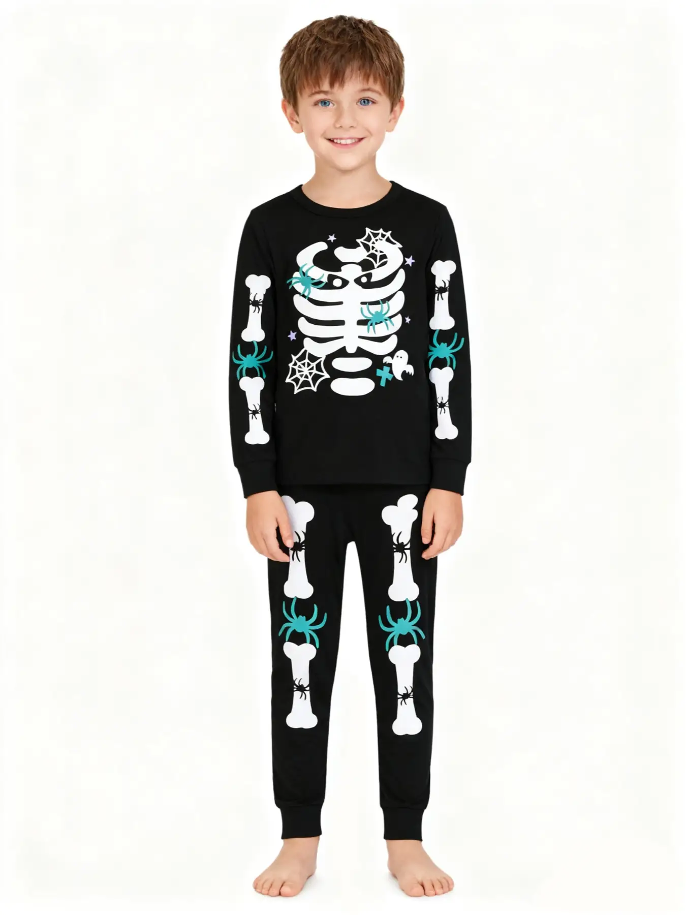 Kids Halloween Glow Skeleton Set, Autumn Round Neck Long Sleeve Pants, Tight-Fit Home Wear Sleepwear, Spring & Fall Festival Style