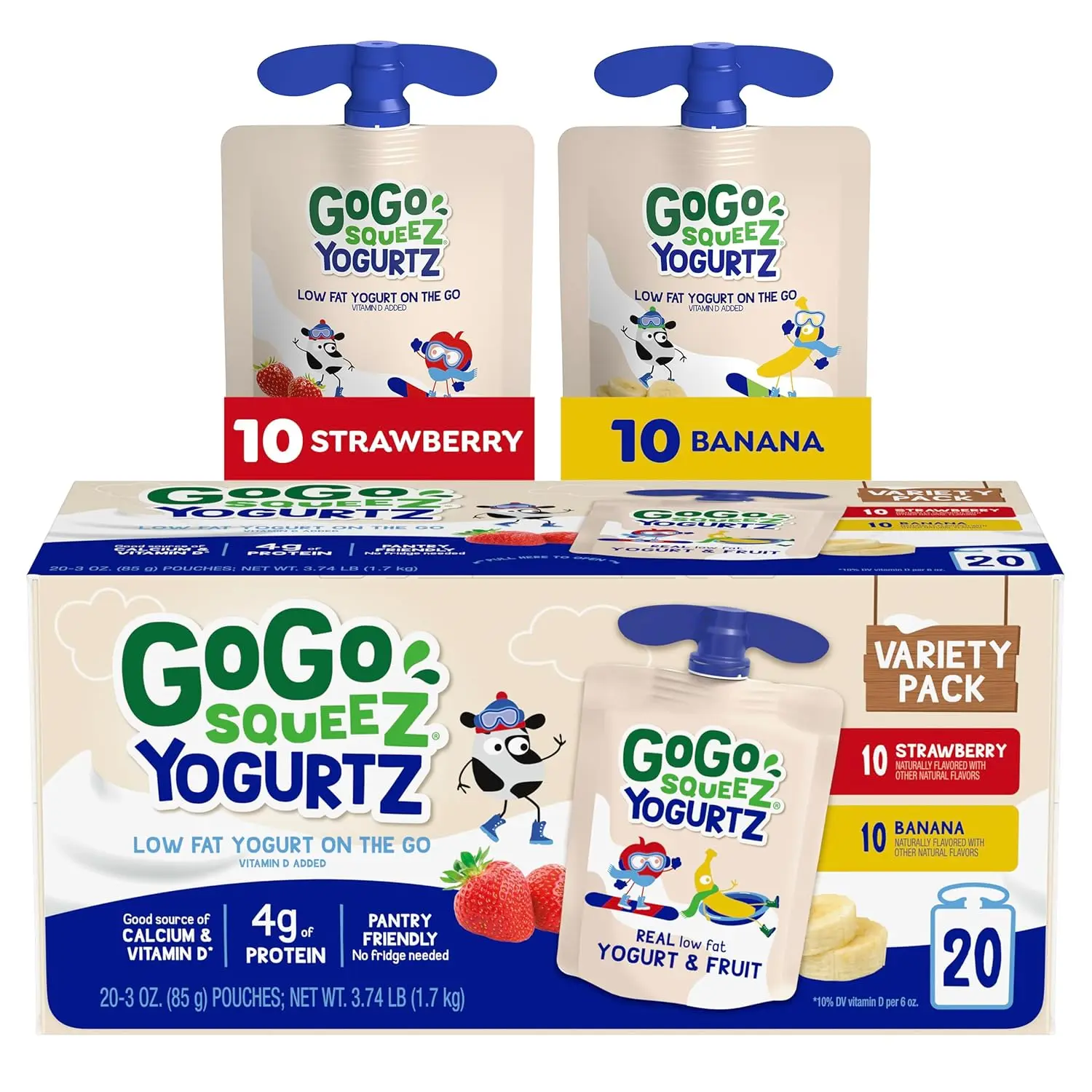 GoGo squeeZ Low Fat YogurtZ Variety Pack, Strawberry & Banana, 3 oz Pouches (Pack of 20), Kids Snacks Made from Real Yogurt and Fruit, No Fridge Needed, Gluten Free, Nut Free, Recloseable Cap, BPA Free
