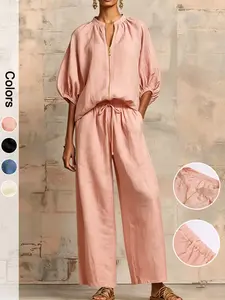 Women's Two-Piece Set, Suits, Casual Loose Fit Solid Color Zipper Round Neck Top Wide Leg Pants, Comfortable and Stylish for Daily Wear