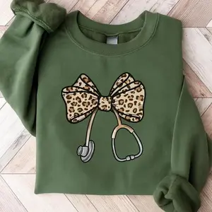 Cute Nurse Sweatshirt, Leopard Bow Stethoscope Graphic, Cozy Medical Worker Unisex Pullover for Everyday Comfort