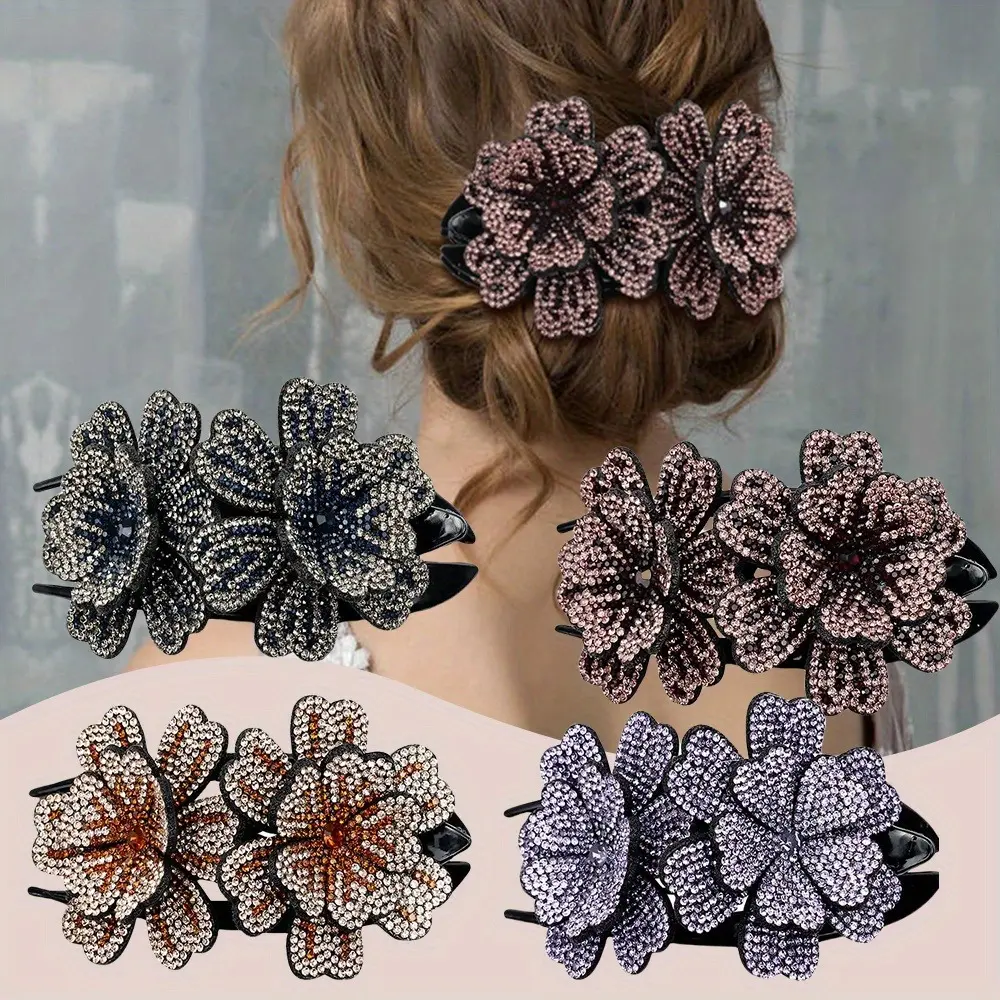 4pcs Sparkly Rhinestone Flower Hair Clips for Women – Glittery Double Flower Hair Claws, Elegant Plastic Barrettes for Thick Long Hair, Perfect for Birthday Gifts, Parties, and Weddings, Hair Accessories tiktokshopspringglowup