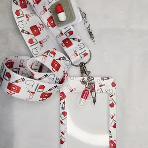 Medication-Themed Healthcare Lanyard, Slip-In ID Holder with Syringe Clip & Crutch Charms