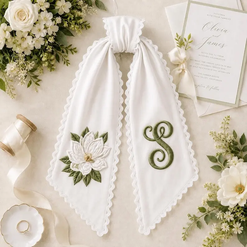 Personalized Magnolia Embroidered Wreath Sash, Custom Monogram Wedding Striped Sash, Bridal Shower Sash, Pageant Sash