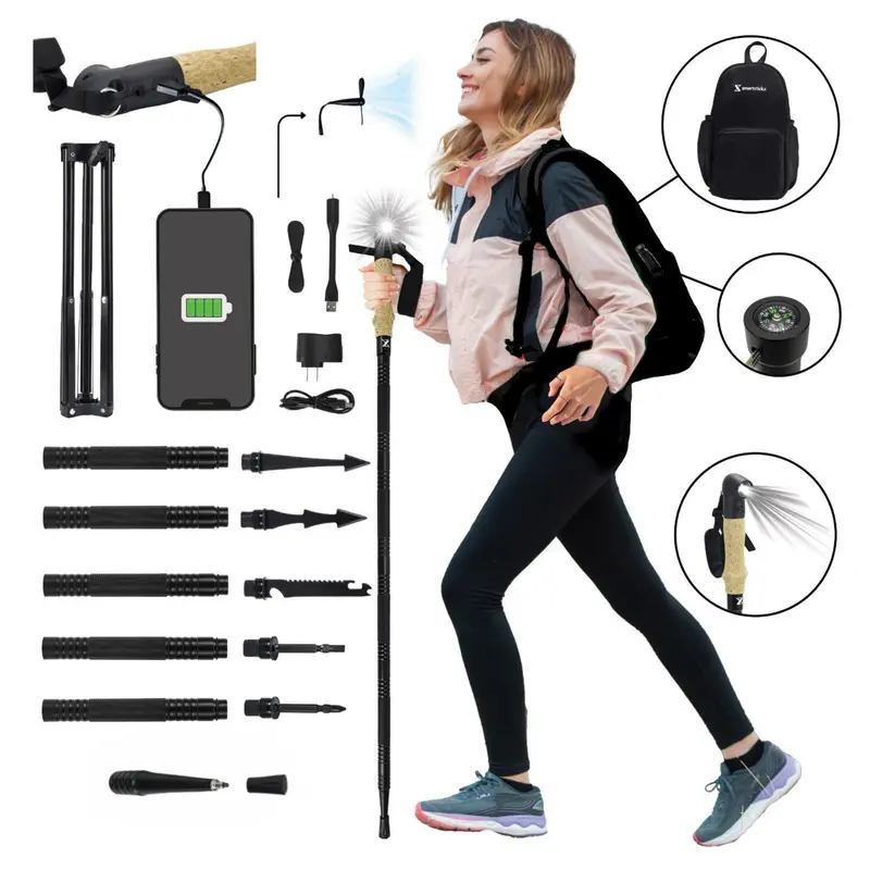SmartstickX Collapsible Tactical Walking Stick with LED Light USB Charging Cork Grip Survival Tools Aircraft Aluminum Trekking Pole for Hiking Camping Outdoor Adventures