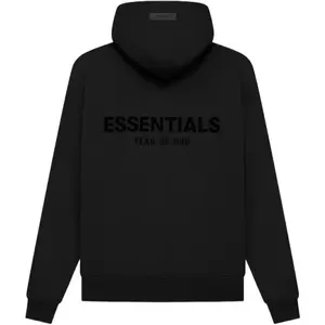 Fear of God Essentials Pullover Hoodie Stretch Limo Black with Front Pocket and Logo Print