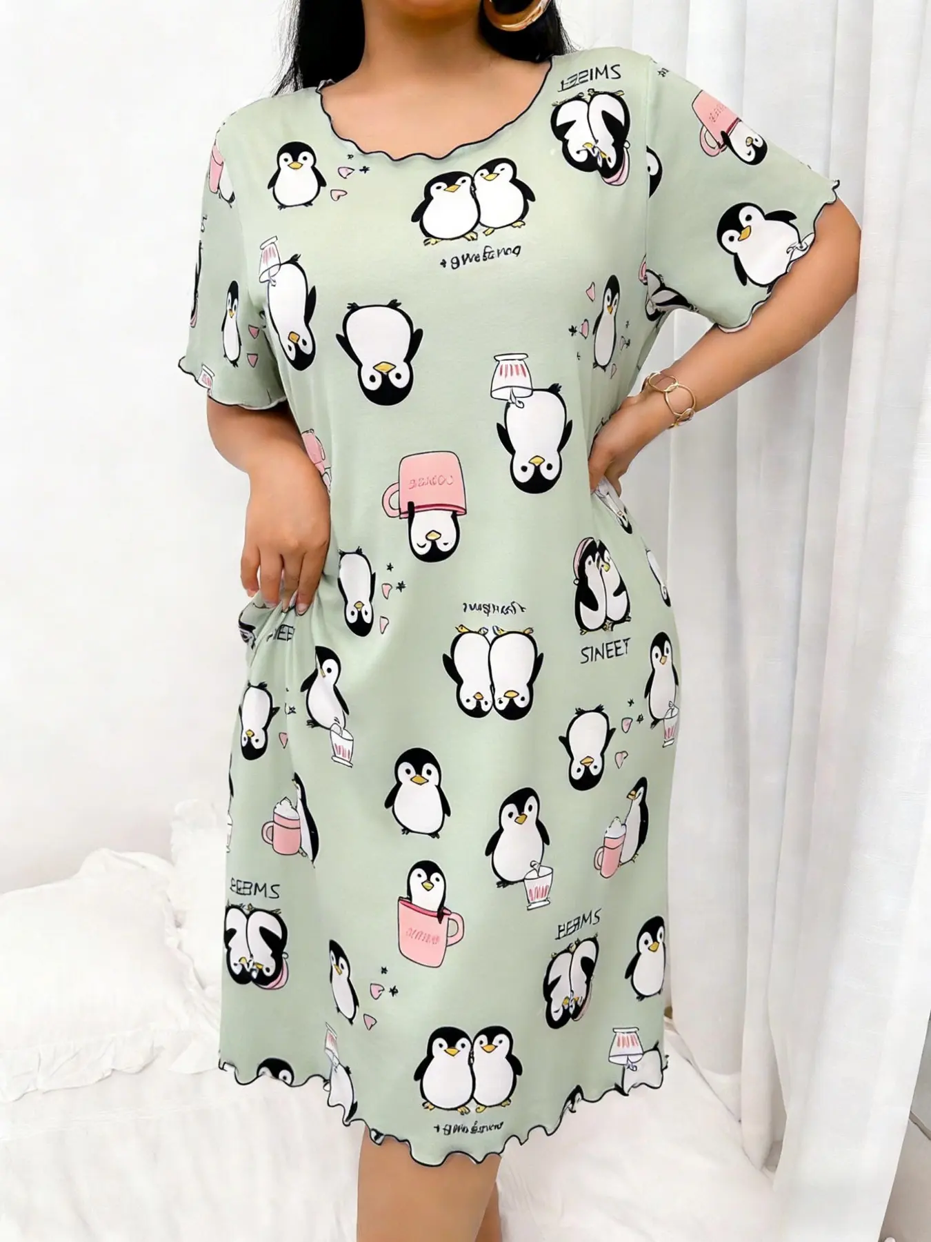 Plus size Women's Lounge Dress, Plus-size women's Penguin print casual dress, Loungewear, Short-sleeve for Summer, Ladies Sleepwear for Indoor Wear, Loose Fit