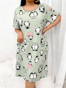 Plus size Women's Lounge Dress, Plus-size women's Penguin print casual dress, Loungewear, Short-sleeve for Summer, Ladies Sleepwear for Indoor Wear