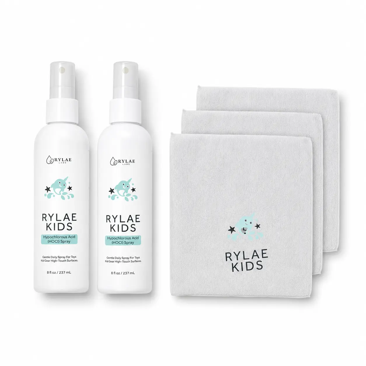 Rylae Kids Everyday Family Pack | 2x 8oz HOCl Cleaning Spray + 3 Reusable Microfiber Cloths