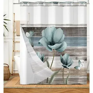 No Hook Shower Curtain with Snap in Liner, Rustic Floral Teal Country Farmhouse Fabric Bathroom Curtain 71"x74"